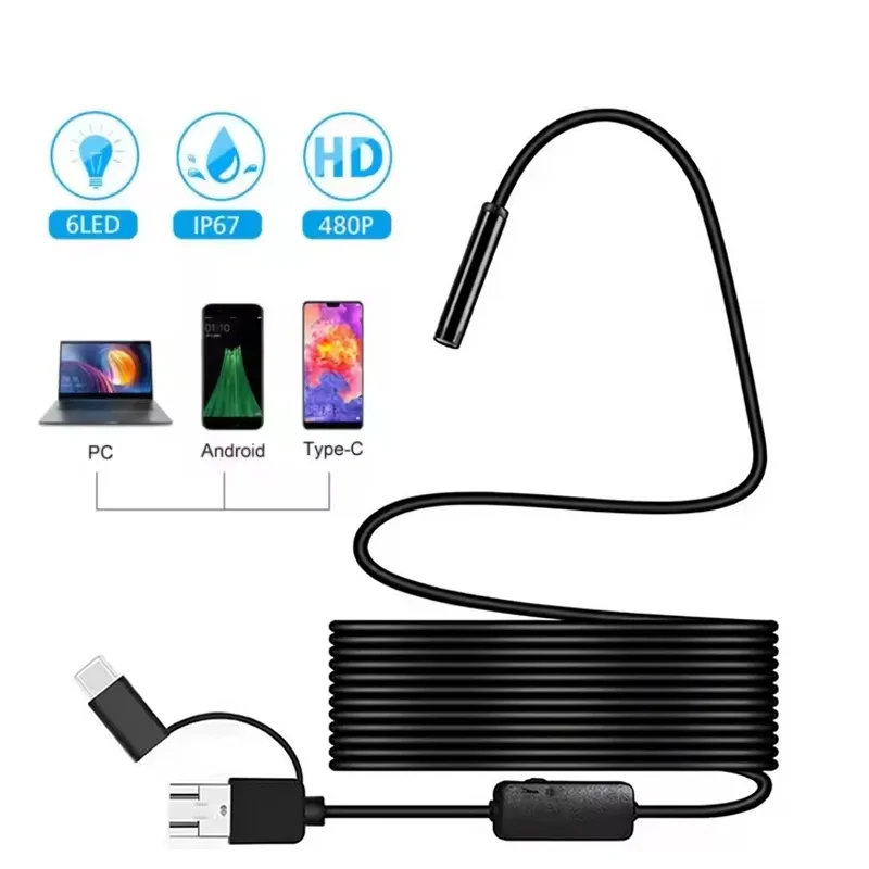 7.0mm 미니 렌즈 내시경 카메라 유연한 타입 C USB LED 조명 IP67 방..