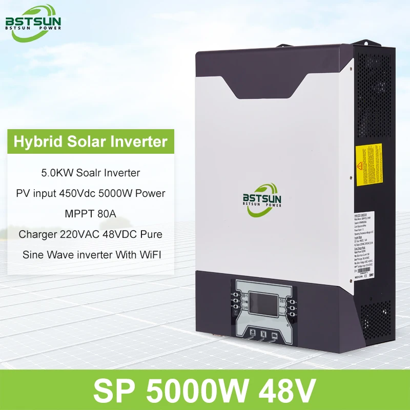 BSTSUN 순수 사인파 하이브리드 태양광 인버터 배터리 충전기, 5000W 태양광 인버터, 5KVA 450VDC PV 80A MPPT 병렬 230V 48V