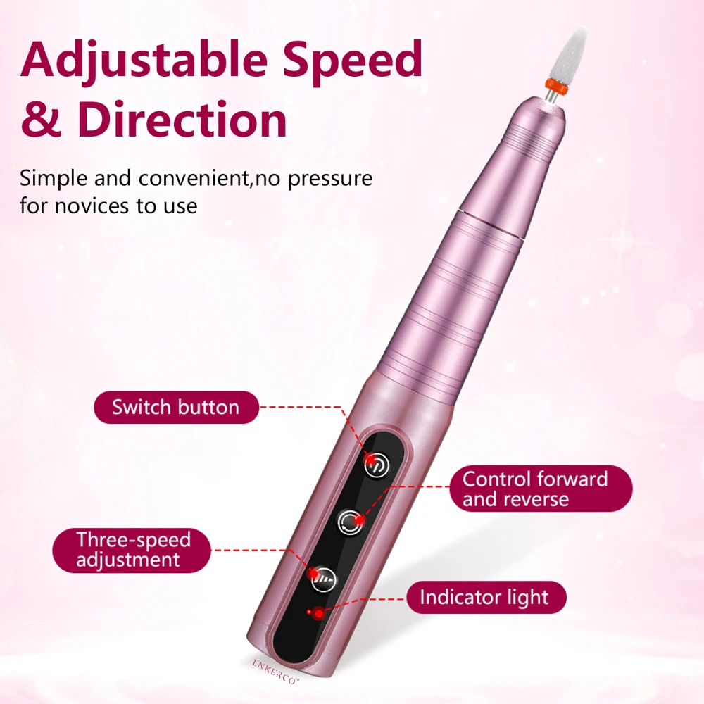 Lnkerco 무선 전기 네일 샌더 전문 매니큐어 기계, 젤 연마용 밀링 커터, 35000RPM 네일 드릴 기계 네일 드릴