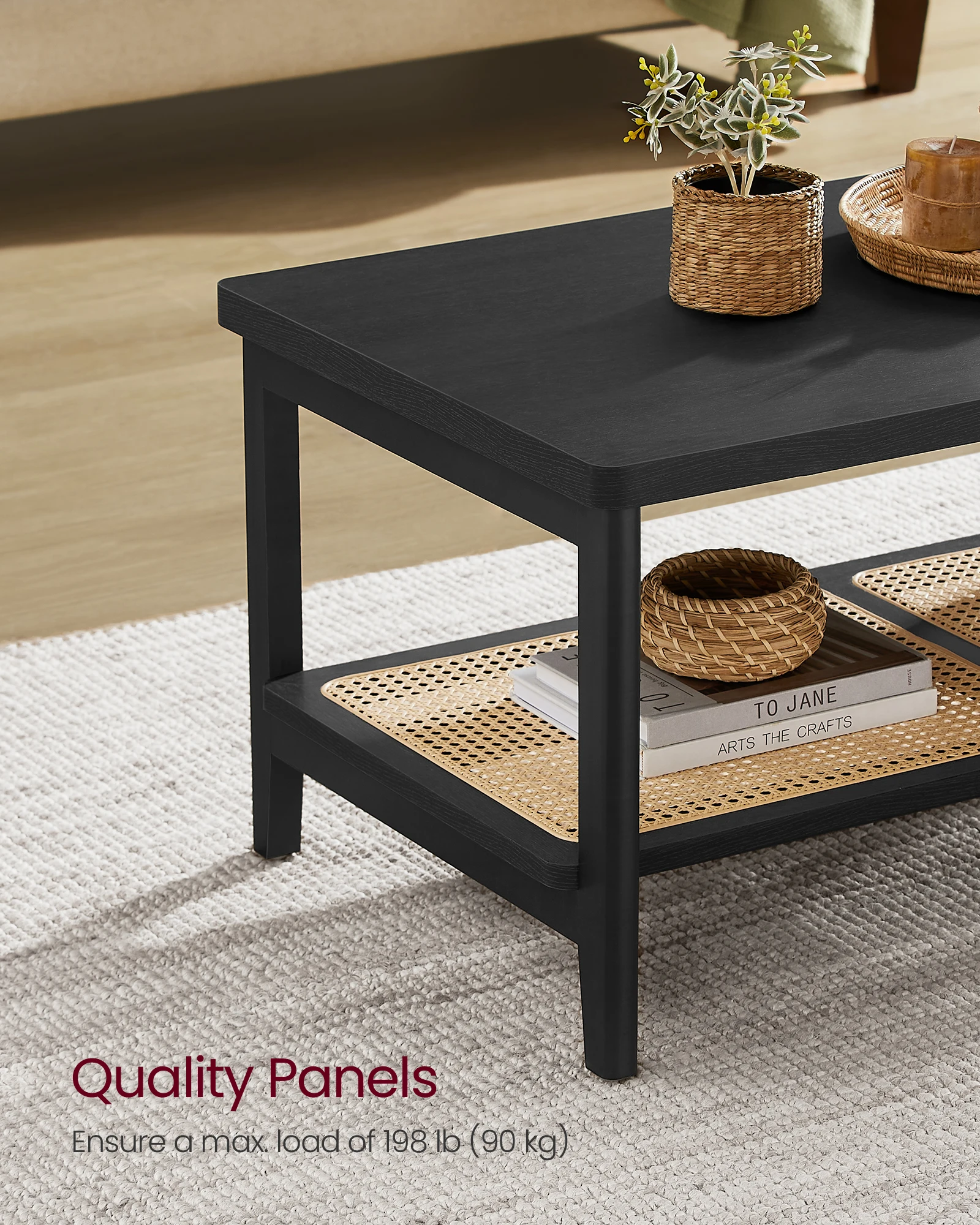 VASAGLE 2-Tier Coffee Table for Living Room, Living Room Table Rectangular Center Table, with PVC Rattan Storage Shelf 5