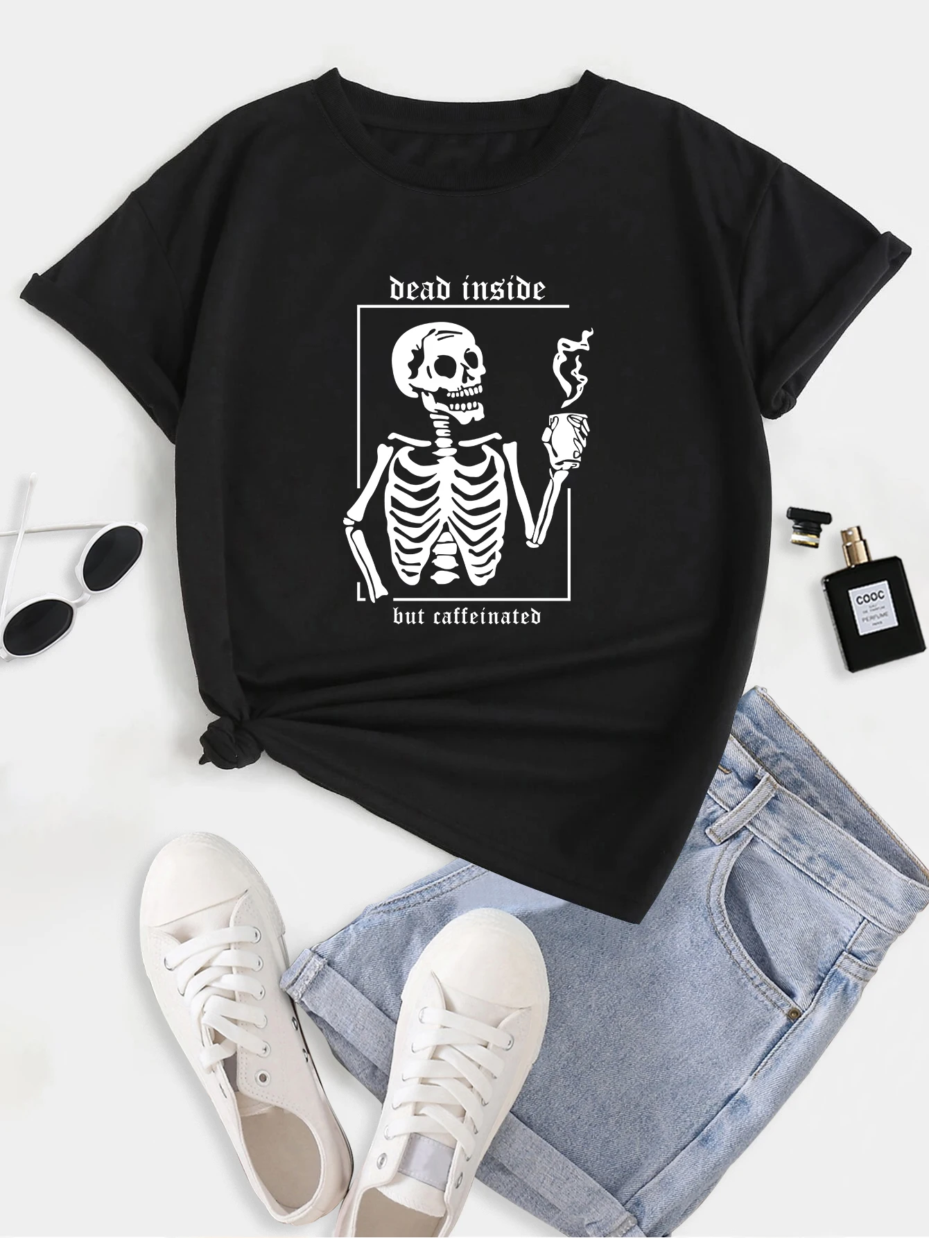 T-shirt girocollo con stampa 'Dead inside But Caffeinated', T-shirt estive casual a maniche corte larghe e alla moda, da donna_voghion.com