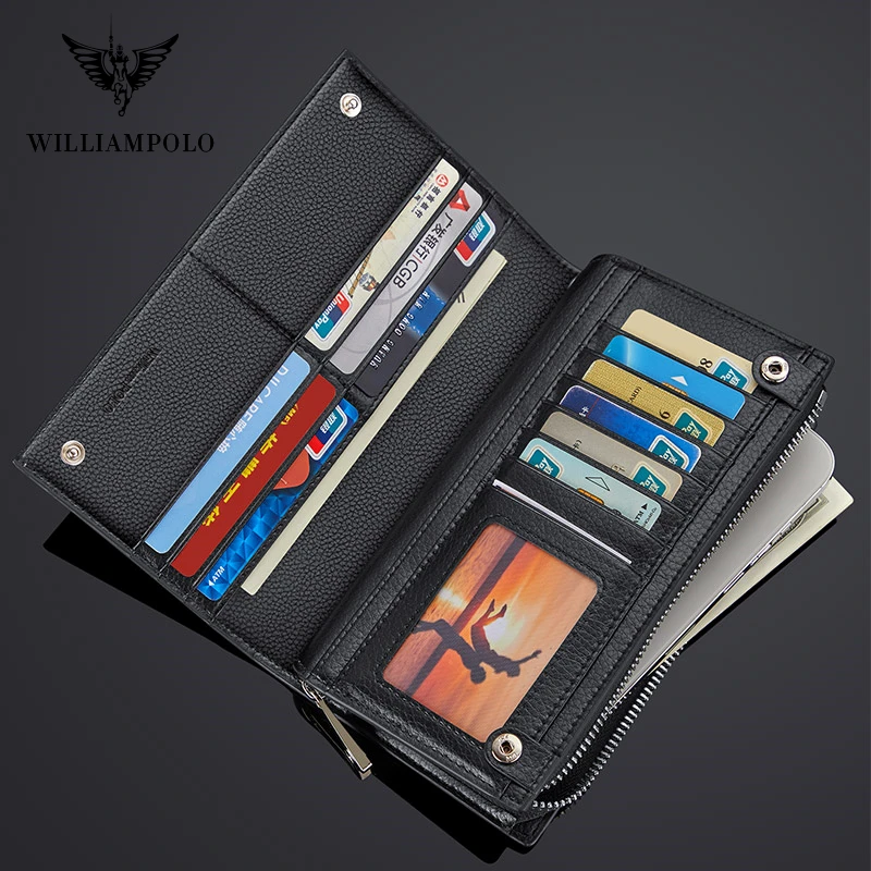 WILLIAMPOLO Men's Wallet Long Style 100% Cow Leather Fashion Business High Quality Clutch Wallet Card Holder Coin Zipper Purse 3