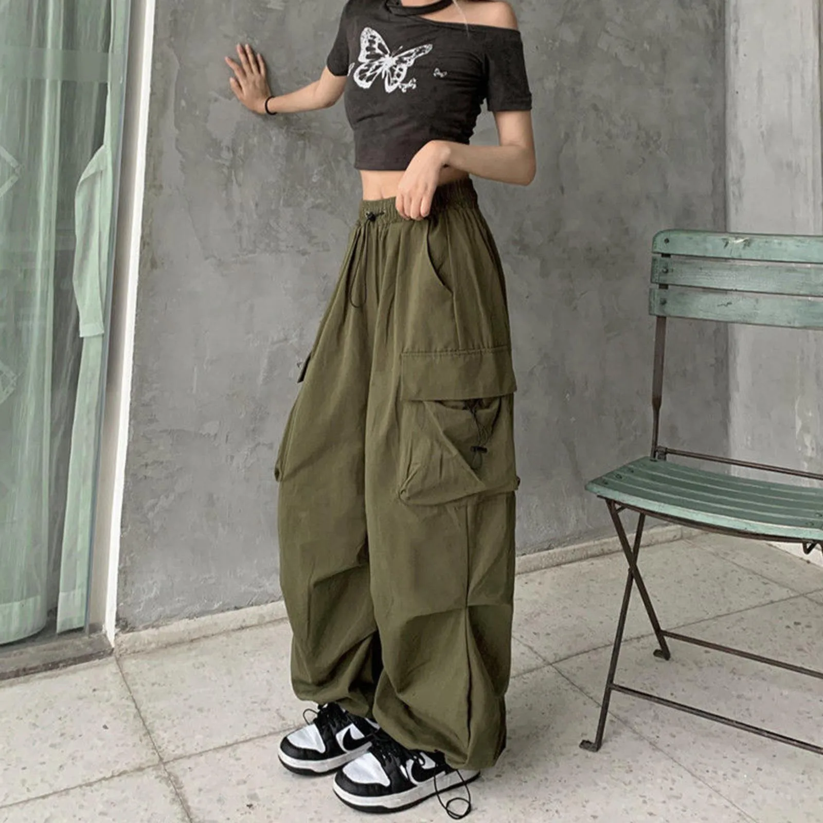 

Ladies Baggy Cargo Pants Oversize Streetwear Hip Hop Joggers Sweatpants Drawstring Casual Loose Wide Leg Pants For Women 2023