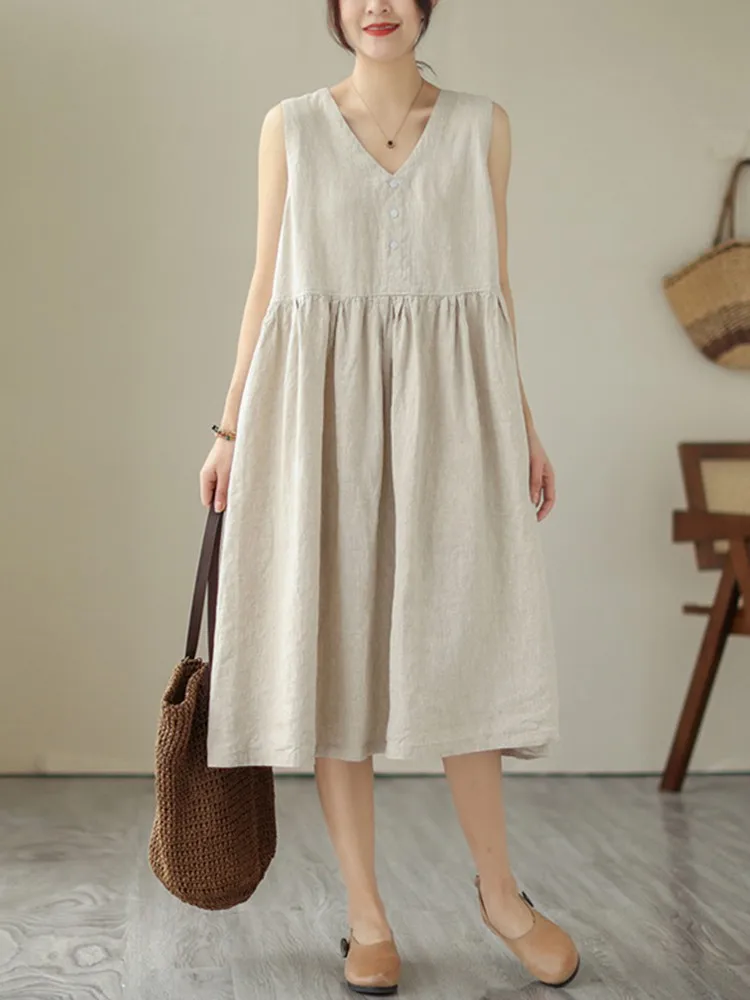 

Женское длинное платье из хлопка и льна, повседневное свободное однотонное платье с V-образным вырезом в винтажном стиле, B2516, лето 2023