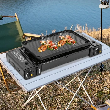 Camping Stove Dual Burner W/Grill Tray & Storage Case Portable Outdoor Cooking Gear for Picnic BBQ Hiking 1