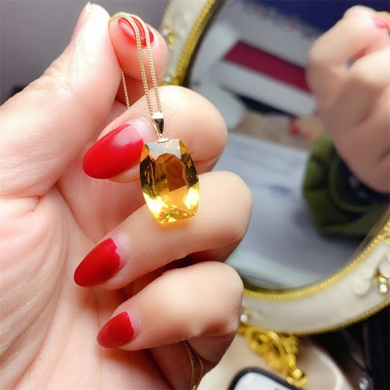 

Authentic Real 925 Sterling Silver Big Size 12x16mm Genuine Natural Elegant Classic Citrine Gemstone Necklace Pendant for Women