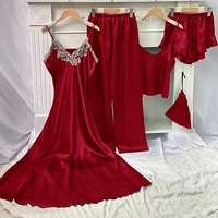 5 Piece Satin Sleep Set  Lace Trim Slip Dress   Cami Top  Ruffle Shorts  Lounge Pants  Women's Loungewear   Sleepwear - Image 5