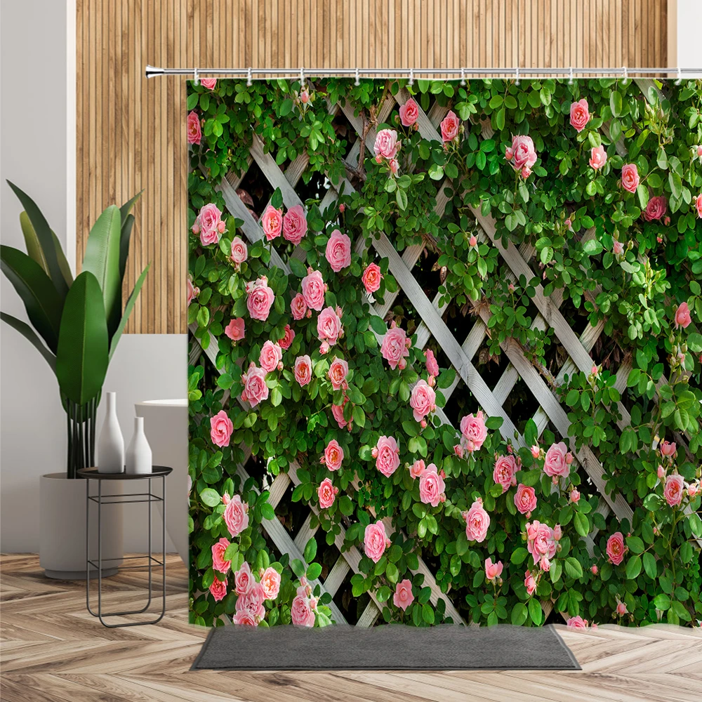 Spring Garden Shower Curtains Pink Rose Wooden Fence Flowers Plants Bathroom Decor