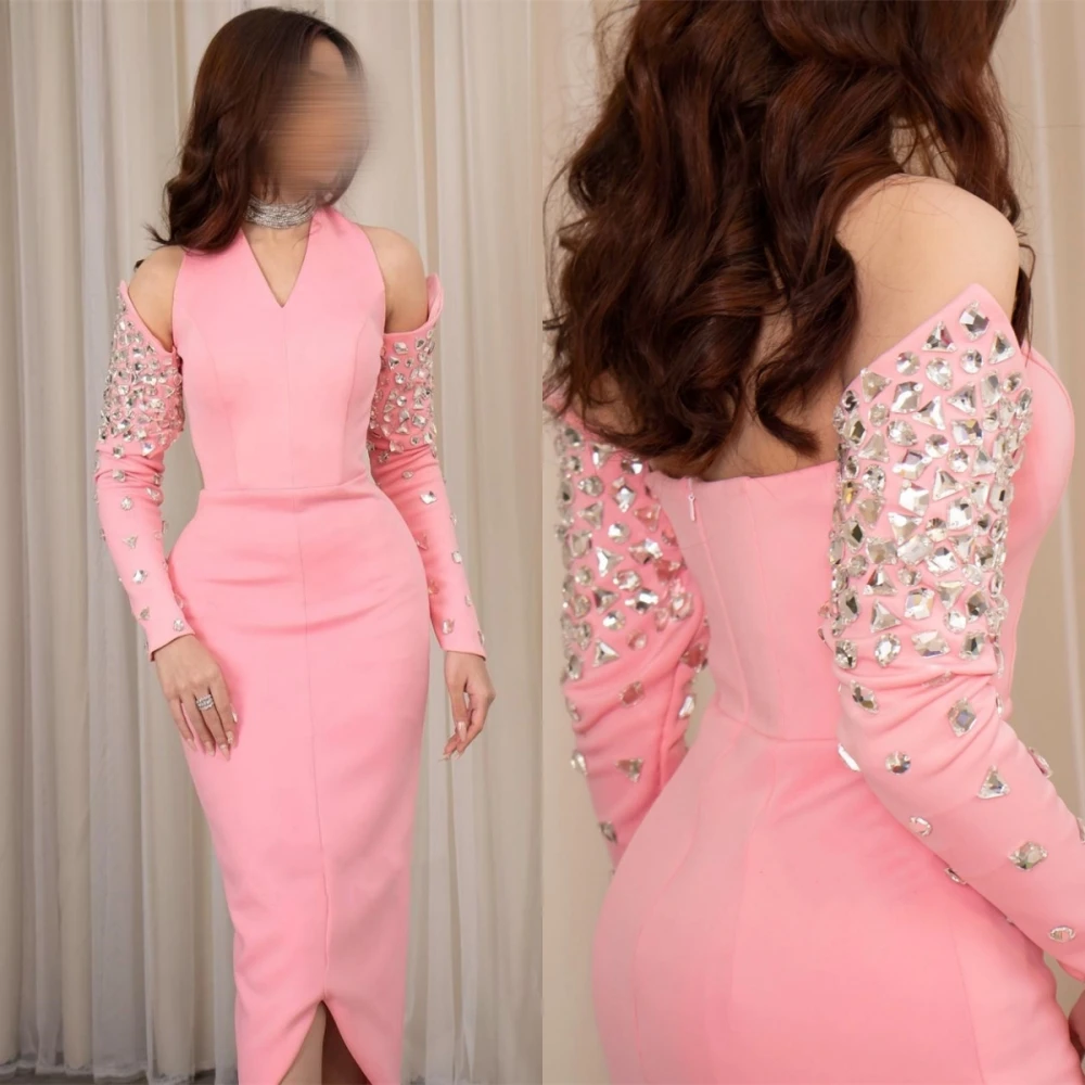 

Prom Dresses Fashion Halter Sheath Party Dress Ankle Length Long Sleeve Off the Shoulder Formal Evening Gowns جديد في فساتين