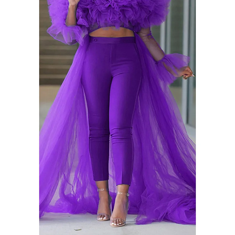 Plus Size Solid Tulle Ruffle See-Through Long Sleeves Blouse