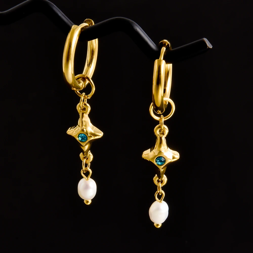 Goldene Exquisite Schwert Kreuz Stern Hoops Ohrring Mode Natürliche Shell Edelstahl Ohrringe Für Frauen Männer Zubehör Schmuck – Detail 2