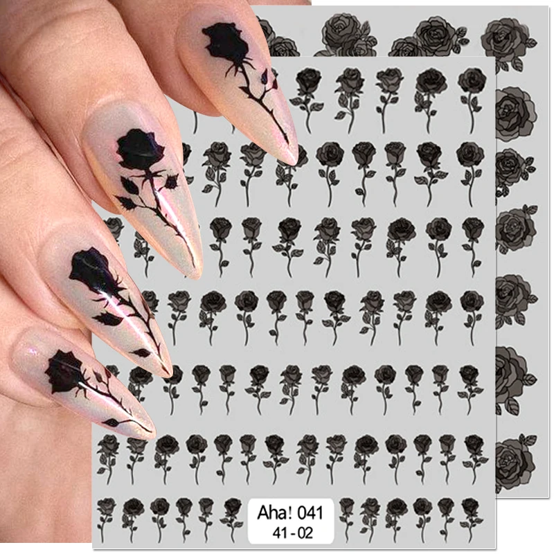 

3D Semitransparent Flowers Nail Sticker Translucent Black White Clouds Rose French Lines Nail Decals Lines Manicures Decorations