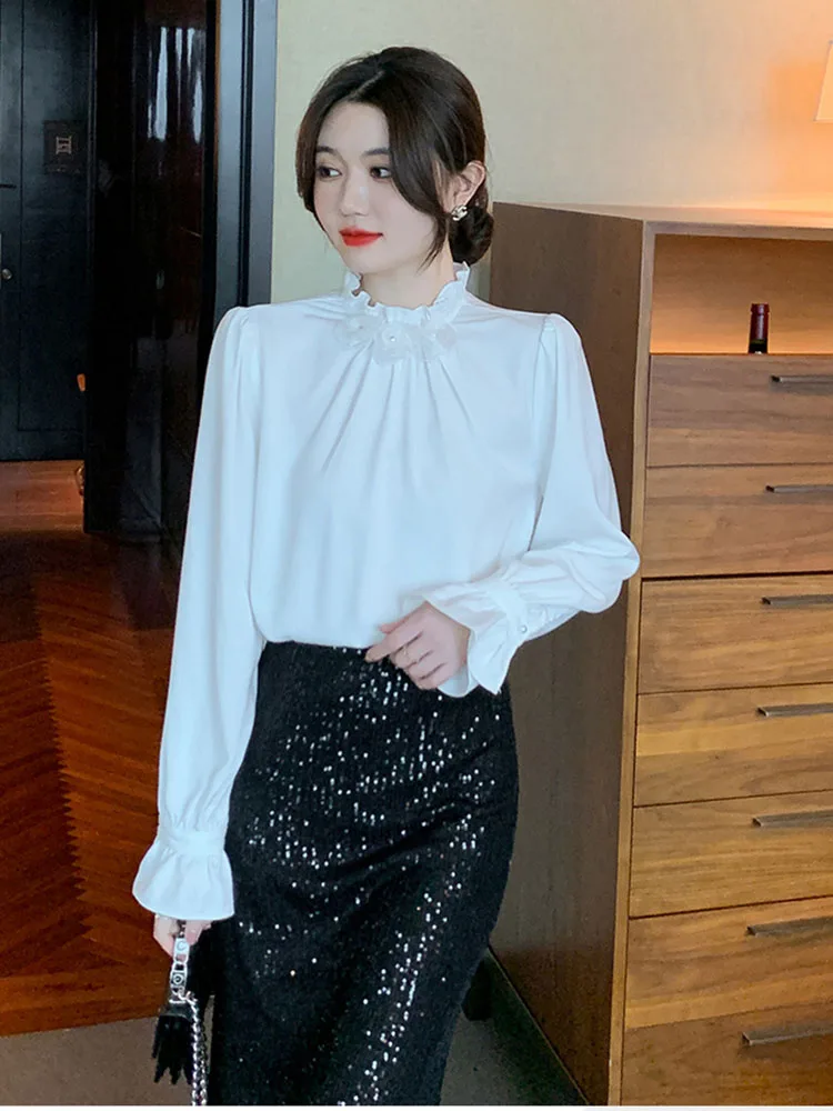 

Женская блузка с длинным рукавом, с воротником-стойкой