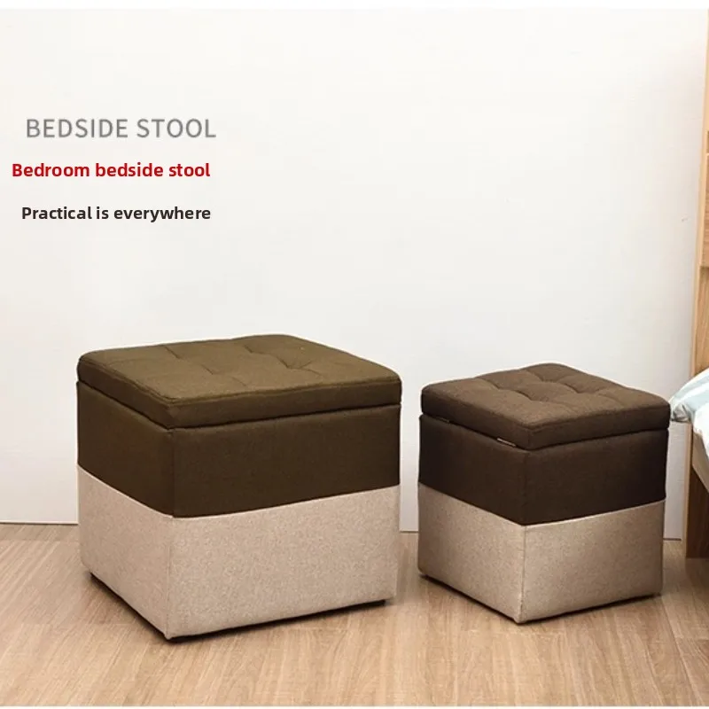 Minimalist Wooden Storage Ottoman with Fabric Seat