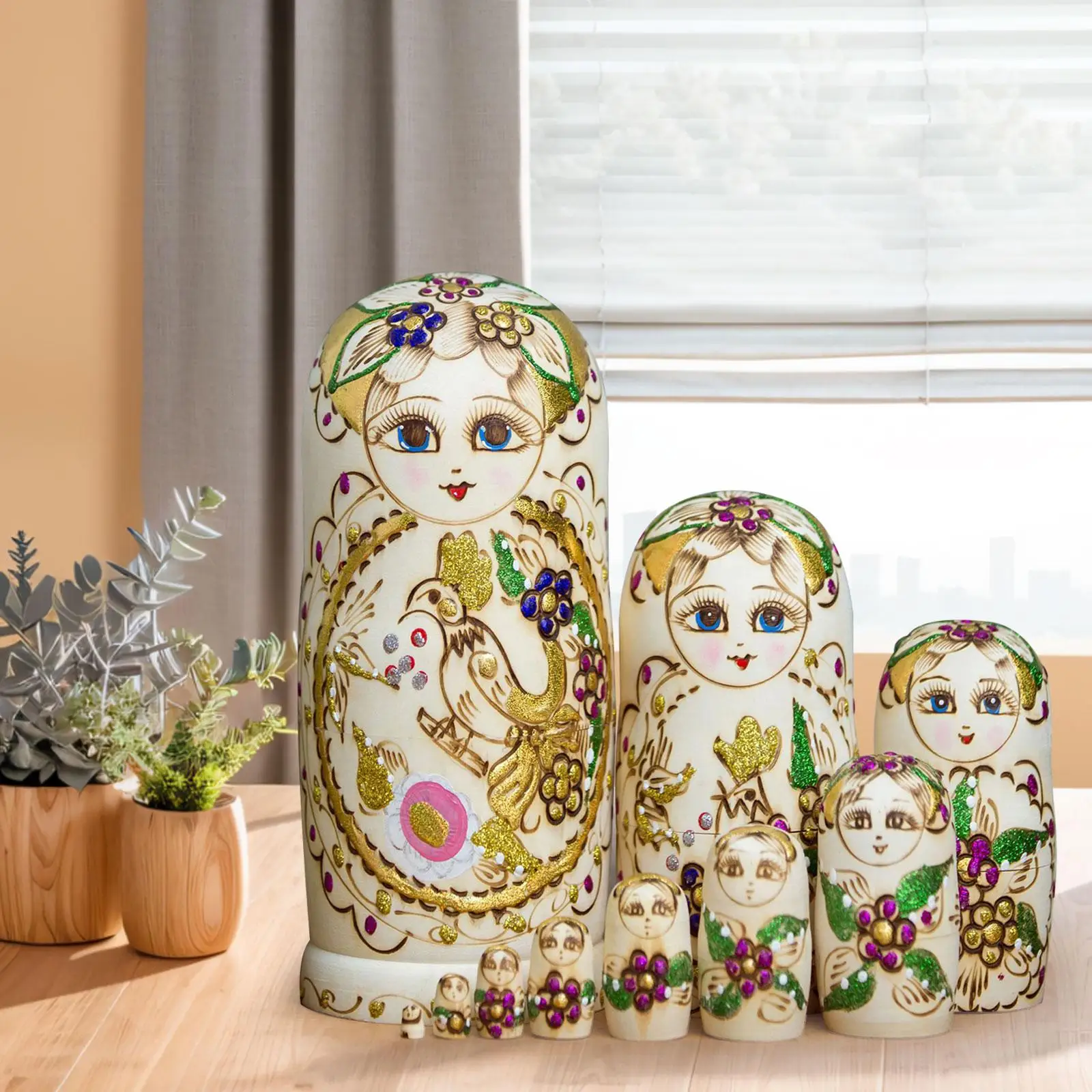 10Pcs Russian Nesting Dolls Matryoshka Doll Hand Painted Figures, Handmade Wood Stacking Doll Set for Children Gift Halloween