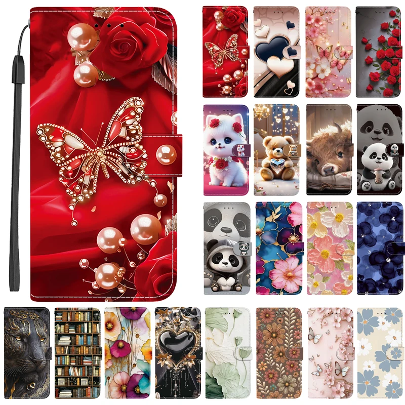 Elegant Colored Flower Wallet Phone Case - Magnetic Flip Leather Cover with Cute 3D Pattern