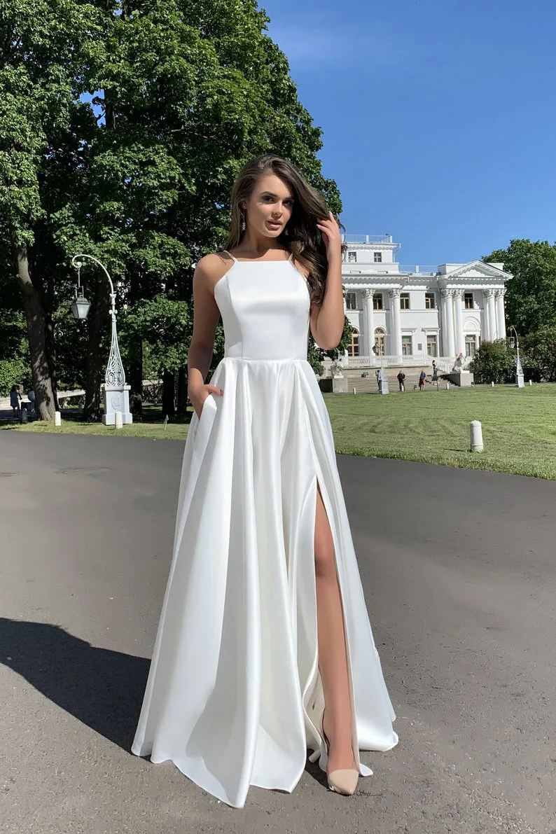 Vestidos de noche para mujer, vestido blanco elegante con cuello cuadrado,  Espalda descubierta, abertura lateral, largo hasta el suelo, fiesta de  graduación - AliExpress