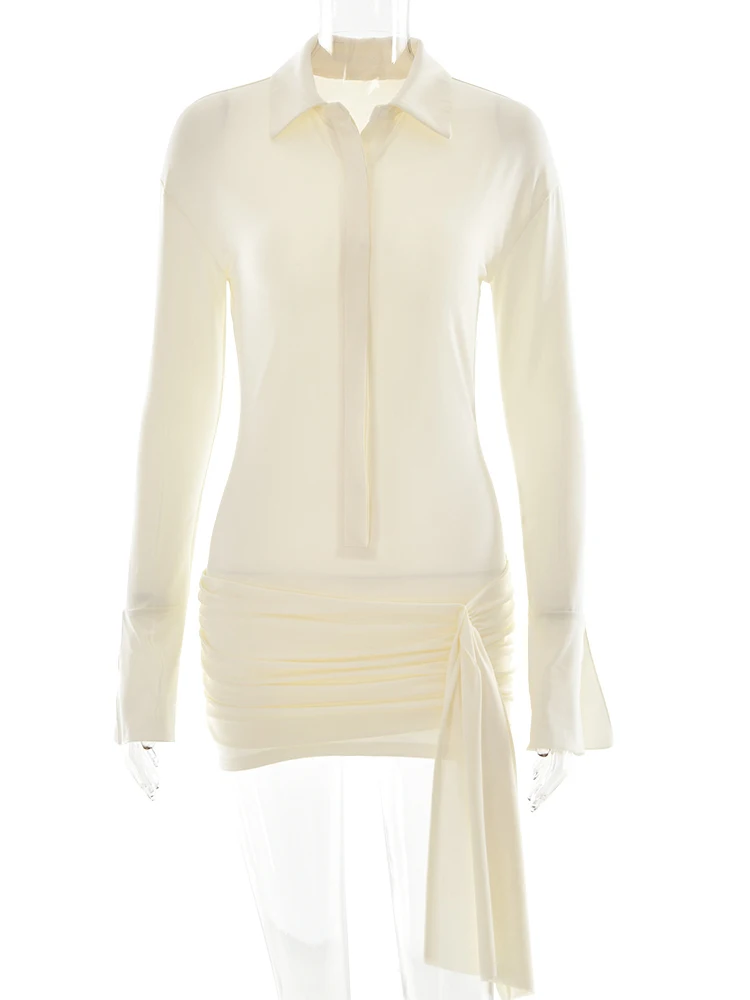 Fantoye Turn-down Collar Bandage Ruched Women Dress Long Sleeve Single Breasted Dress Autumn Skinny Elegant Vacation Party Dress 6