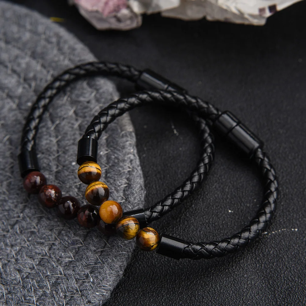 High Quality Leather Bracelet Lava Chakra Stone Beads Black Tiger Eye Bracelets Magnetic Buckle Bangles Braid Rope Chain for Men 3