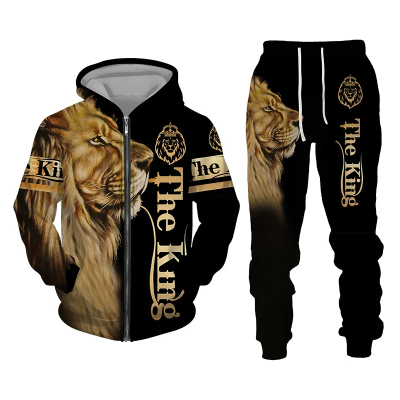 Autumn and Winter Men's Tracksuit 3D The Lion Print Zipper Hoodies Sweatshirts Pants Sets Casual Mens Clothing Women's Tracksuit new 2022 ccm print men zipper hoodies sweatshirt sweatpants suit autumn winter warm tracksuit sets men s hooded outwear