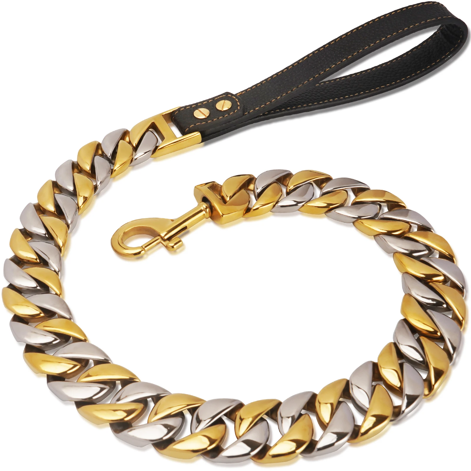32mm Dog Leash Pet Collar Lead Stainless Steel Super Strong Gold Collar Chain Customized Bulldog Pitbull Large Dog Collar Leash