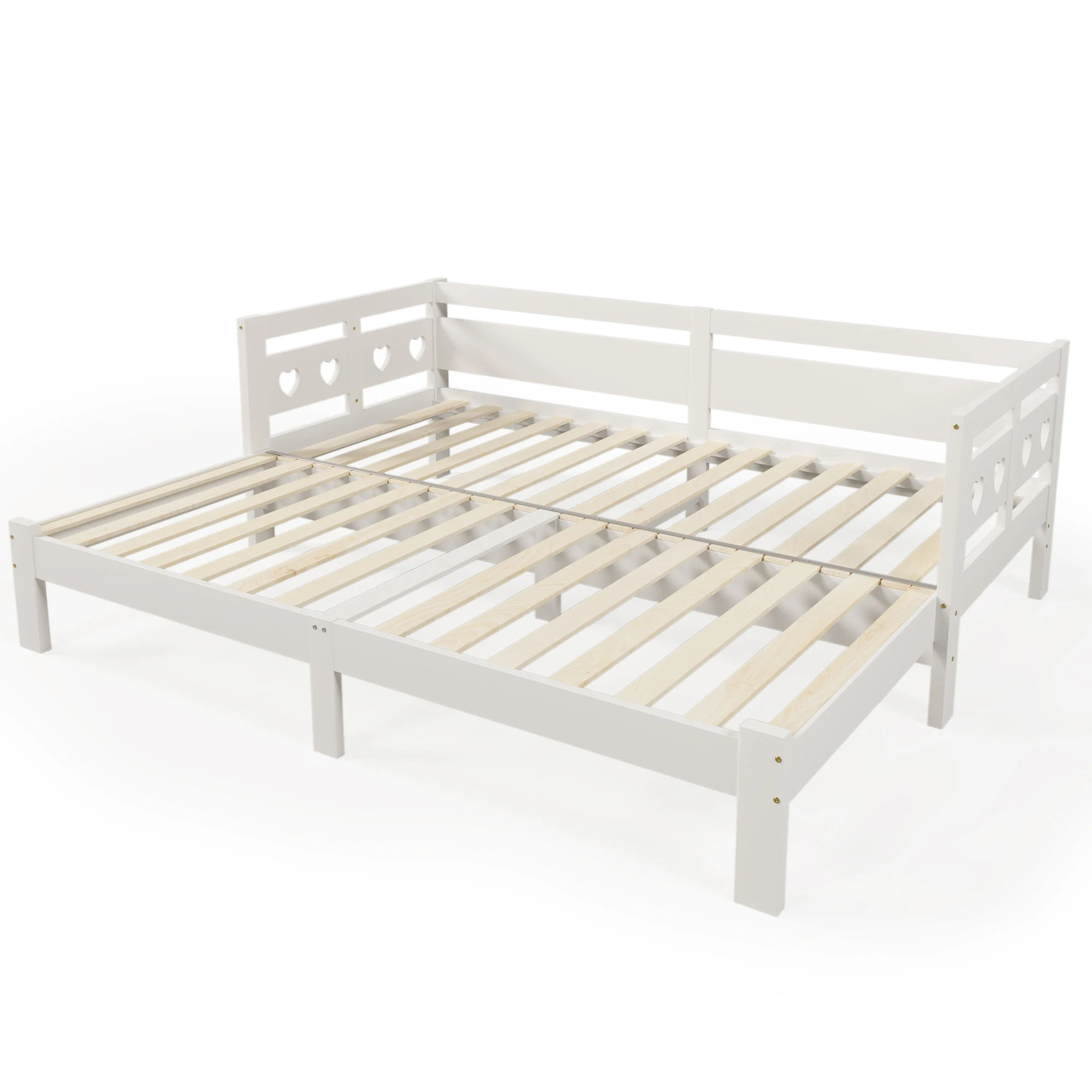 Tagesbett, ausziehbares Bett, aus massivem Kiefernholz, mit zweiter Schlafmöglichkeit und Lattenrost, herzförmiges Bett, weiß – Detail 9