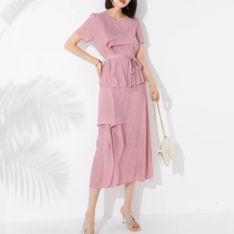 

Miyake Pleated Fashion Suit Women 2023 Summer New Short-Sleeved Round Neck Ruffled Lace-up Top+Overskirt Two-Piece Set