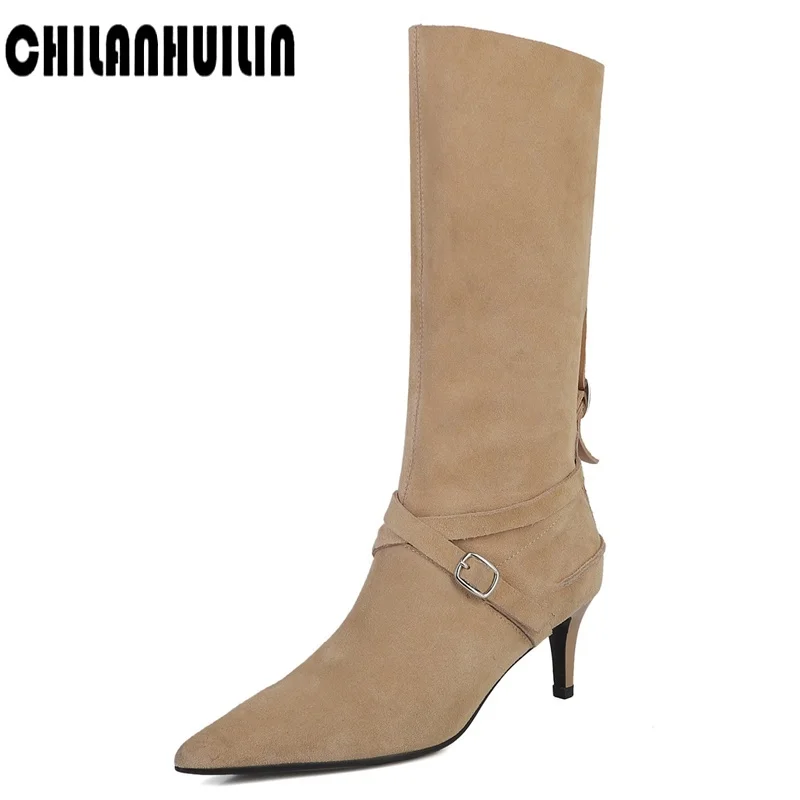 

suede leather knight boots slip on mid calf boots footwear casual pointed toe high heel boots punk buckle motorcycle botas mujer