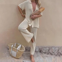 New Style Loose Short Sleeve Top Knitted Hollow Out Pants Beachwear Cover Up Set Women's Beach Vacation Casual Sun Bathing Smock