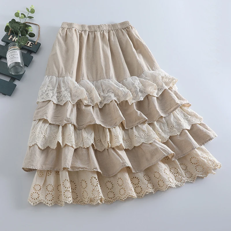 

Autumn Mori Girl Lotus Leaf Lace Cotton And Linen Skirt Women Embroidery Hollow Out Fairy Skirt Loose Slimming Skirts K080