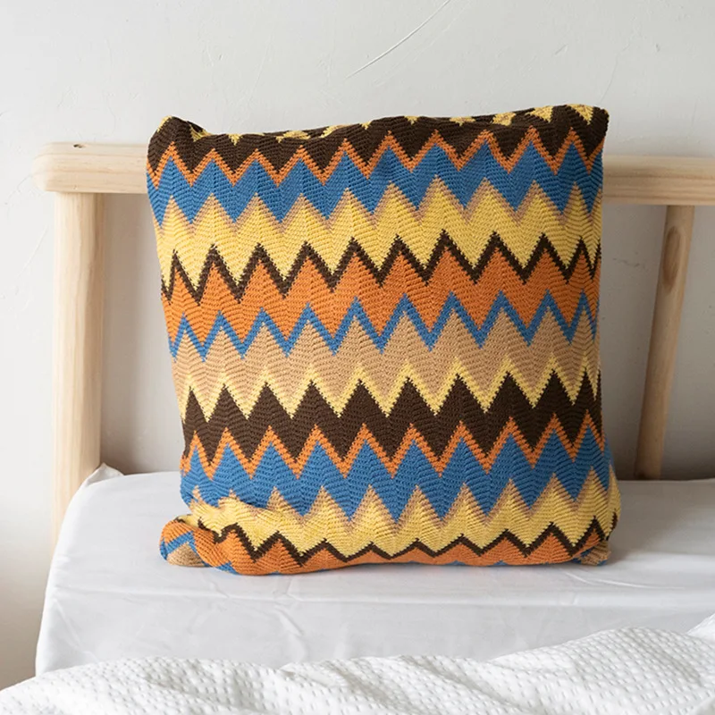 Knitted Cushion Cover Soft Boho Orange Green Flocking Pillow Case 45cm*45cm for Home Decoration Living Room Bed Room