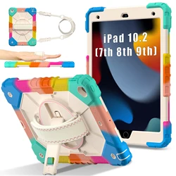 360 Rotatable Hybrid Armor Stand Case with Hand and Shoulder Strap, 3 - Layer Protection for iPad 10.2 (7 - 8 - 9th) (Colorful Blue)