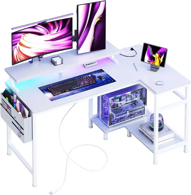 L-Shaped Gaming Desk with LED Lights, USB Ports & Storage Shelves - White 40 Inch