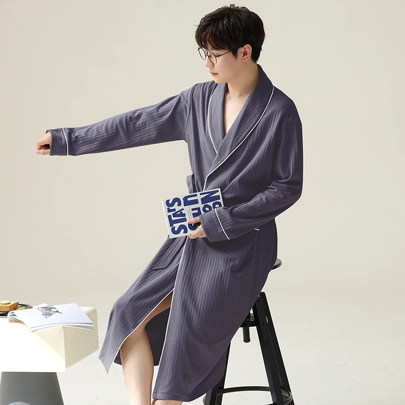 

Men Pajamas Summer Men's Soft Cotton Bathrobe Dark Blue long leeve Solid Robe Big Size 4XL Fashion Elegant Kimono for Gentleman