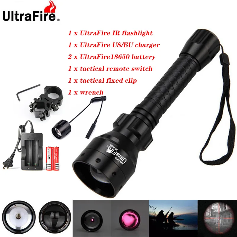 Ultrafire IR Night Vision 10W 850nm 940nm LED Zoomable Flashlight Infrared Radiation Hunting Torch 18650 Battery