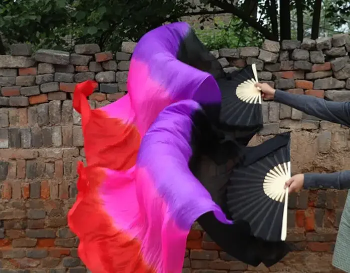 맞춤형 실크 팬 베일 접이식 긴 팬 배꼽 Dace 무대 공연 소품 보라색 핑크 그라디언트 Bellydance 의상 그라디언트