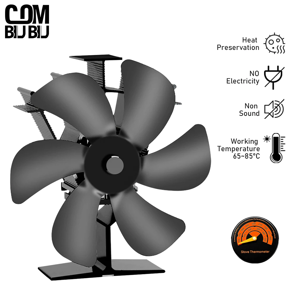 6 Bladen Warmte Aangedreven Kachel Ventilator Log Houtkachel Zwarte Eco-Ventilator Stille Open Haard Fan Winter Home Warmer Efficiënte Warmteverdeling