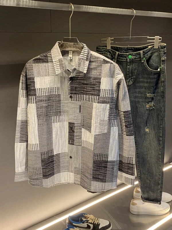 2025 Spring Summer New Sle Men's Long Sve irt Casual Plaid Color Blo Trendy Loose Fit Youthful Spring Autumn Wear