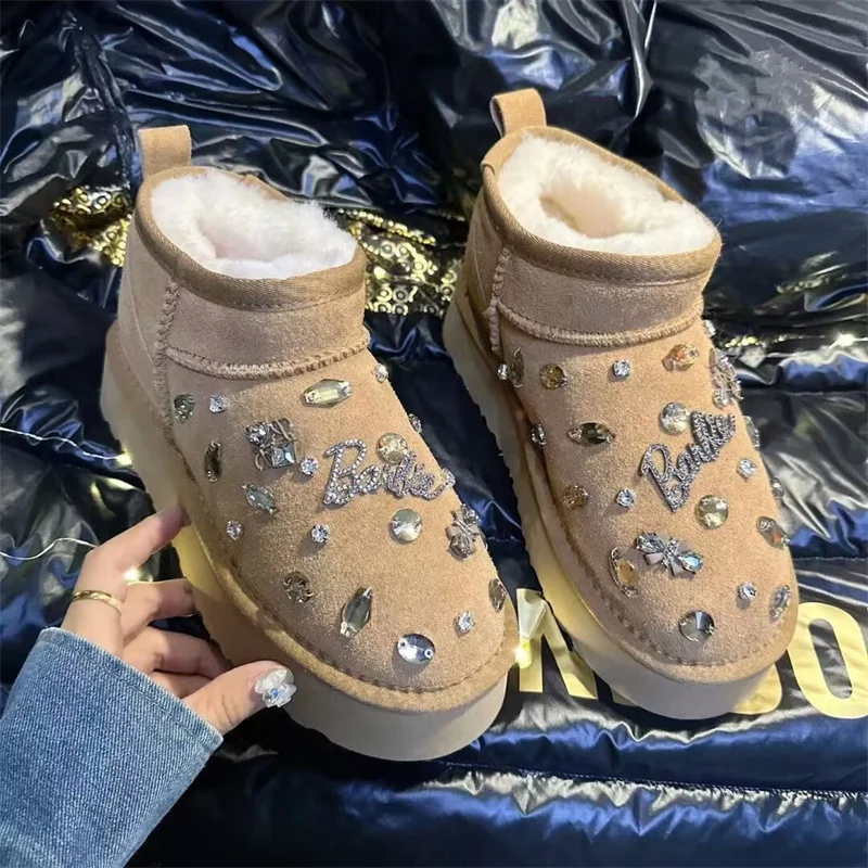 

Rhine-drill letters winter warm boots with fleece thick soles waterproof table handmade custom fur one-piece boots women's 35-40
