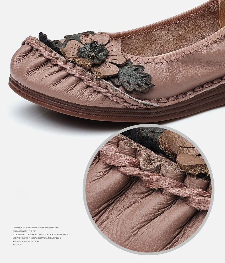 Handmade Genuine Leather Shoes Women's Luxury Brand Loafers Vintage Floral Moccasins Womans Ballet Flats Ladies Driving Shoes