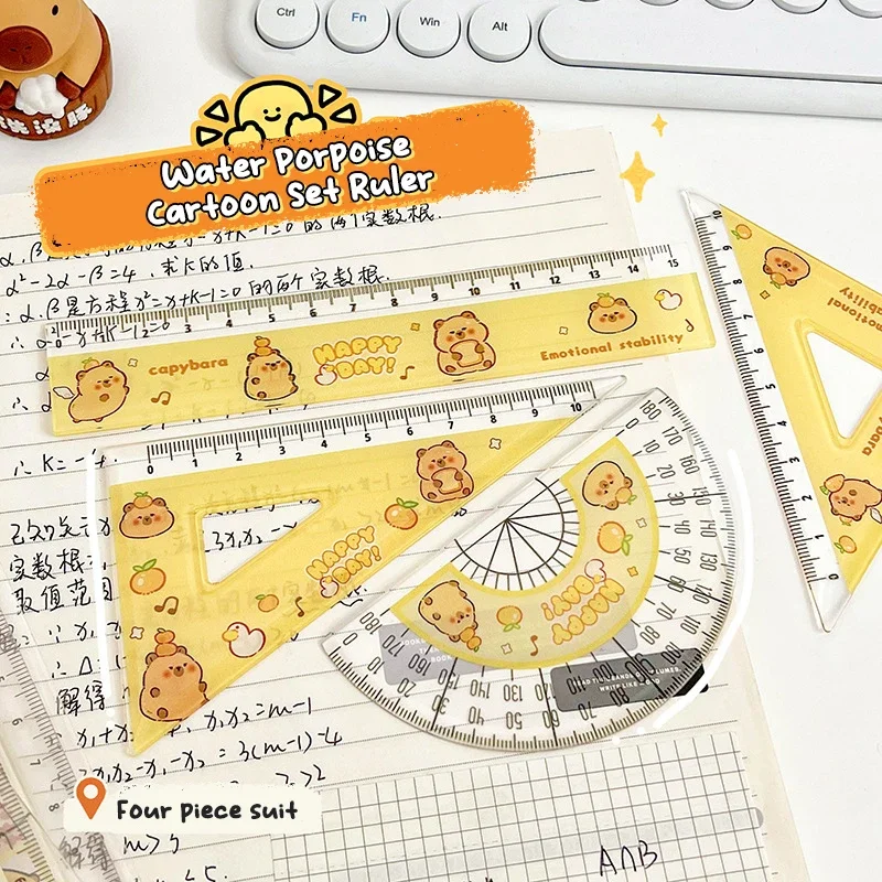 1Set Cartoon Cute Plastic Capybara Ruler High Quality Straightedge Protractor Portable Measuring Tools School Office Supplies
