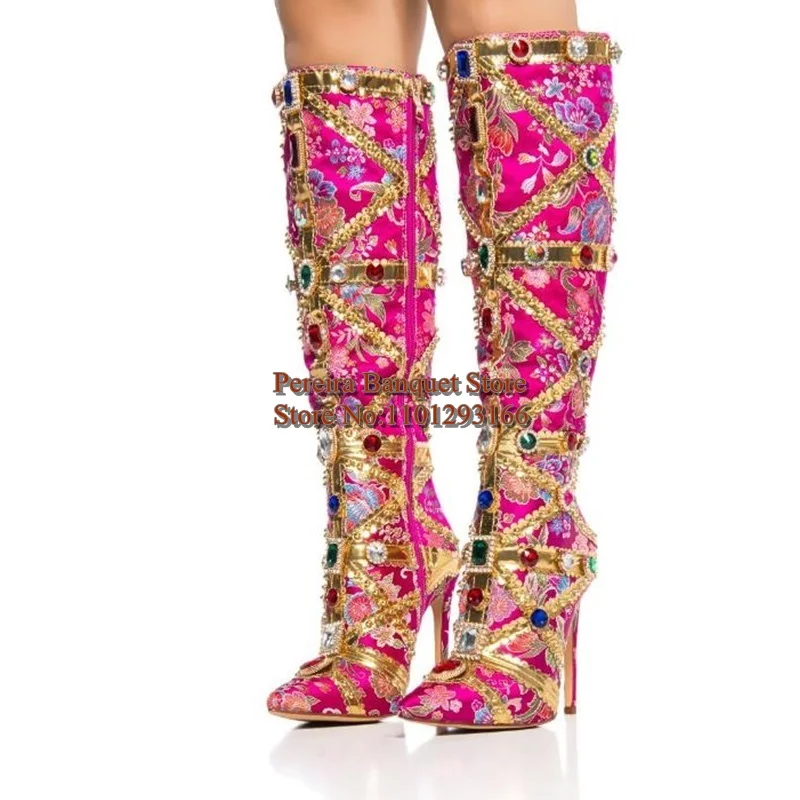 Botas de lujo con adornos de piedras preciosas metálicas, botas de
