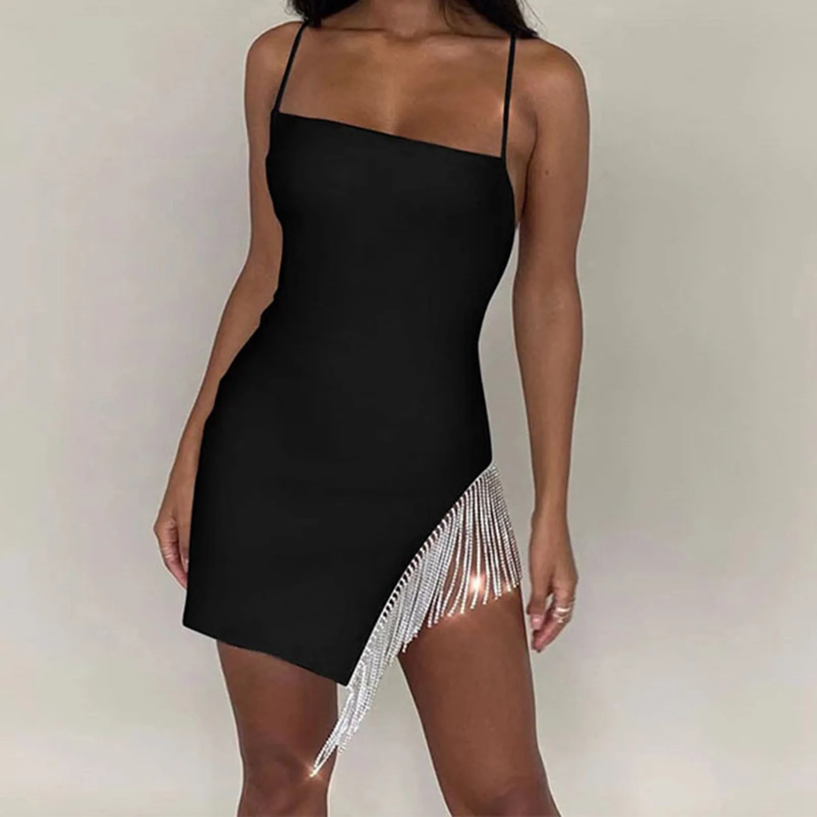 

Women's Sexy Mini Dress Sparkly Rhinestones Tassel Mini Dress Spaghetti Strap Party Dress for Party Cocktail Vacation NIN668