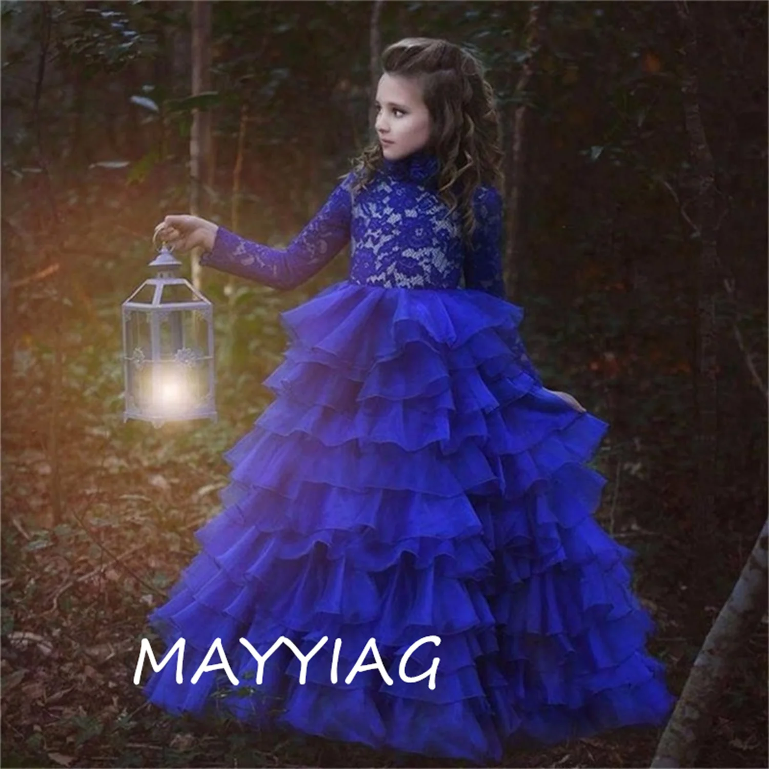 

Lace Ruffle Kids Flower Girl Dresses Long Sleeve Ball Gown Kids Pageant Dresses High Neck Royal Blue Girls Dresses For Wedding