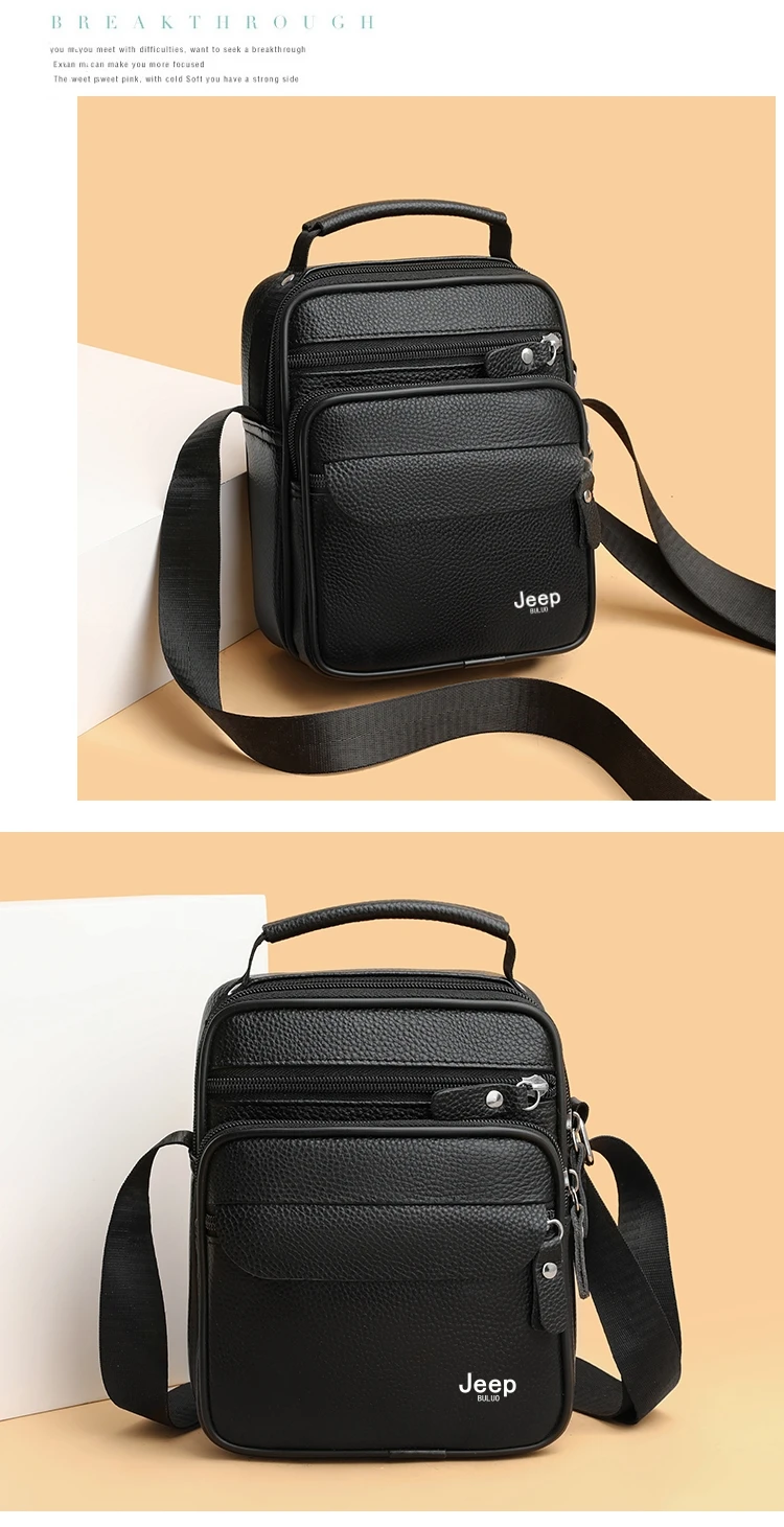 JEEP BULUO Brand Genuine Leather Men Shoulder Bags Black High Quality Male Cow Leather Crossbody Tote Handbags Business Fashion