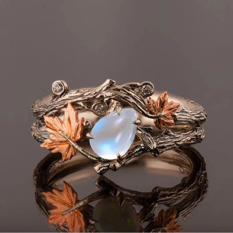 Vintage Women's Fashion Antique Gold Twig Maple Leaf Moonstone Ring Set Anniversary Gift Engagement Bridal Wedding Jewelry Rings