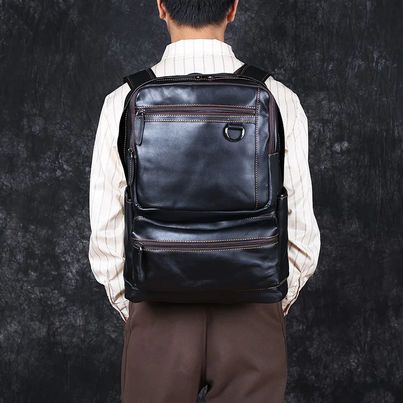 Men's Leather Double Shoulder Baothead Layer Cowhide Backpack Large Capacity Travel Bag Leisure School Bag Simple Computer Bag 4