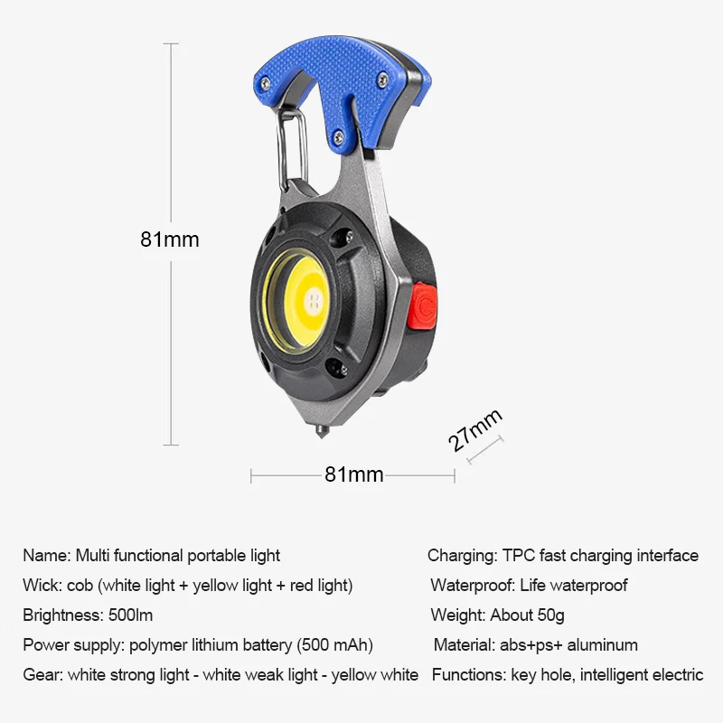 Multi-function COB LED Flashlight Outdoor USB Keychain Light Hook Strong Magnet Screwdriver Hammer Emergency Lamp Work Lamp