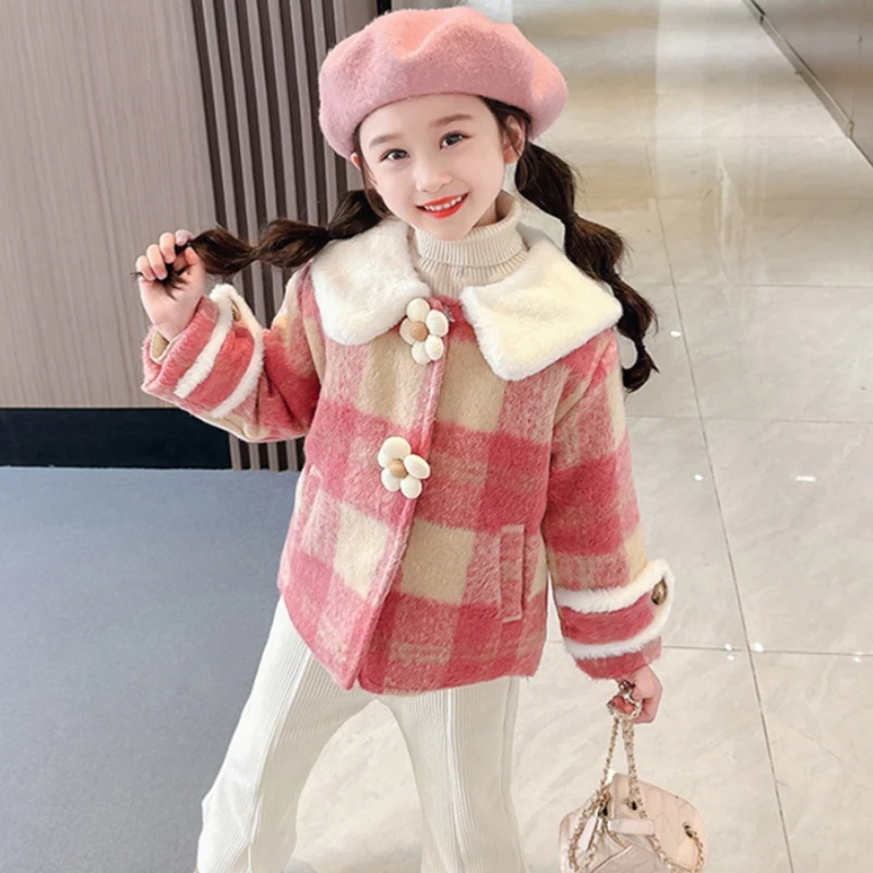 

Girls Woolen Coat Overcoat Jacket Windbreak 2024 Floral Warm Plus Thicken Autumn Winter Cotton School Children's Clothing