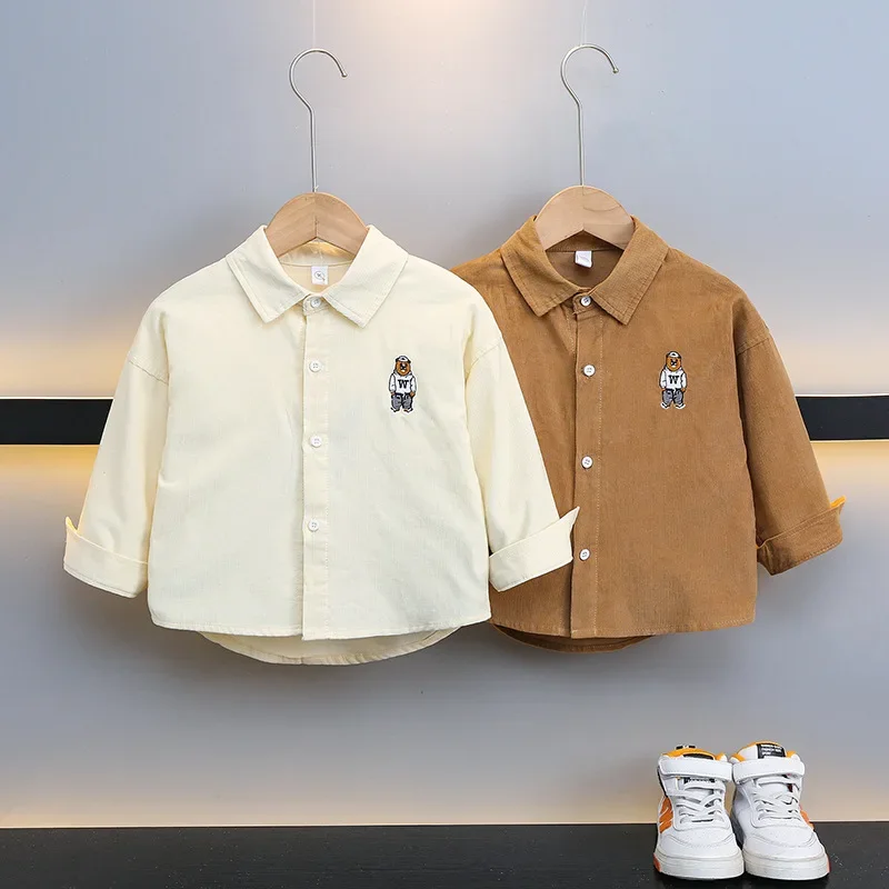 Children's Long Sleeve Shirt Boys' Embroidered Bear Corduroy Jacket Trendy Kids' Clothing Comfortable Soft Material AE Stock